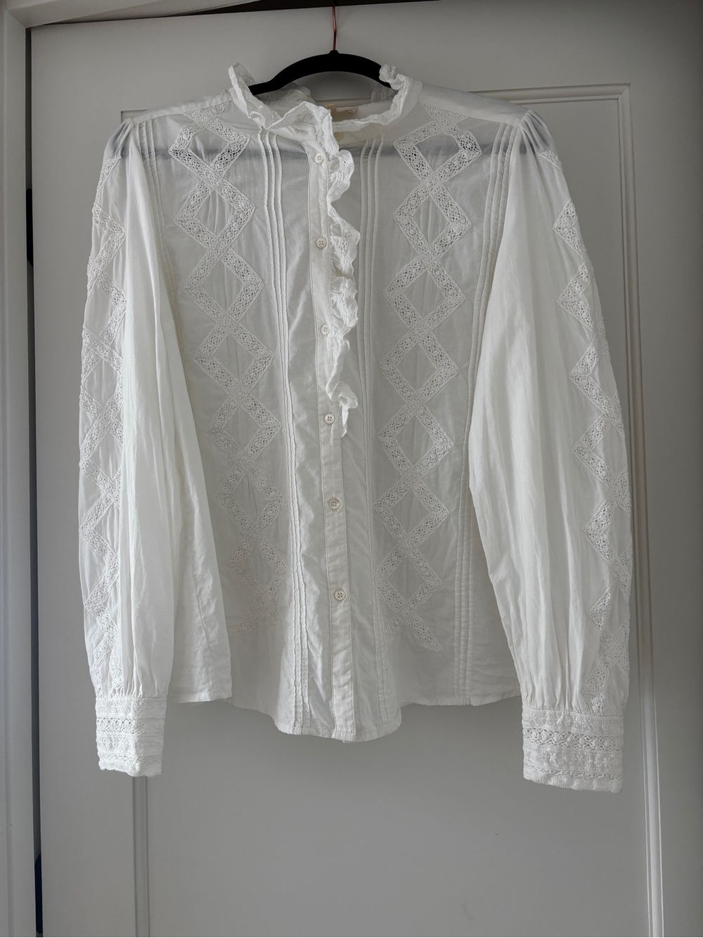 Sezane White Lace-Trim Button Down Blouse
